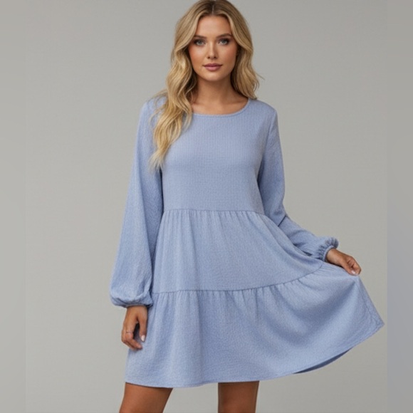 Blue Striped Lantern Sleeve Ruffle Hem Smock Dress - Picture 1 of 9